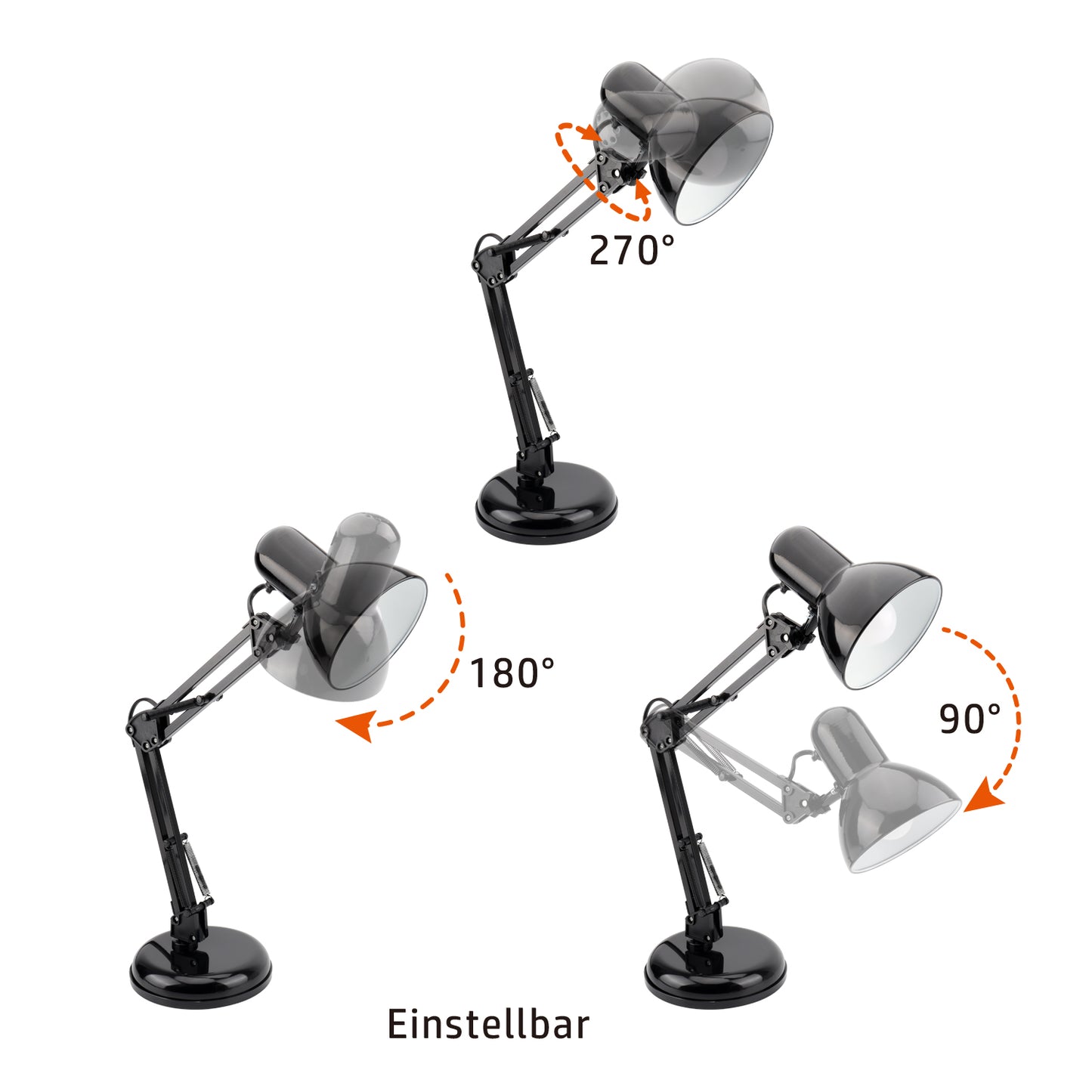 DA LIGHT Retro Tischlampe mit Gelenkarm aus Metall, 5.5W LED E14 inkl., Schreibtischlampe, Nachttischleuchte, Leselampe, Schwarz