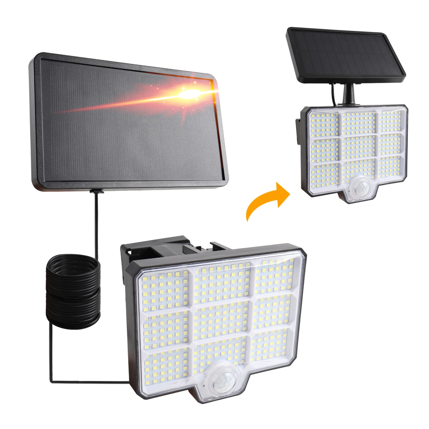 DA LIGHT Solarleuchte Aussen 294 LED Bewegungsmelder IP65 2-in-1 4 Modi | 2-in-1 Solarlampe: 294 LED, Bewegungsmelder, 1800mAh, IP65 wasserdicht – flexibel als Wandleuchte oder getrennt