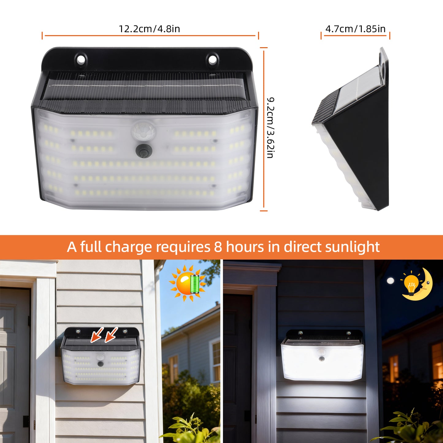 DA LIGHT Solarleuchte Außen mit Bewegungsmelder 2er Pack, 114 LED Kabellose Solarlampe für Außen, 200LM Kaltweiß 8500K, 3 Intelligente Modi, IP65 Wasserdicht, Solar Wandleuchte für Garten, Haustür, Zaun und Wege