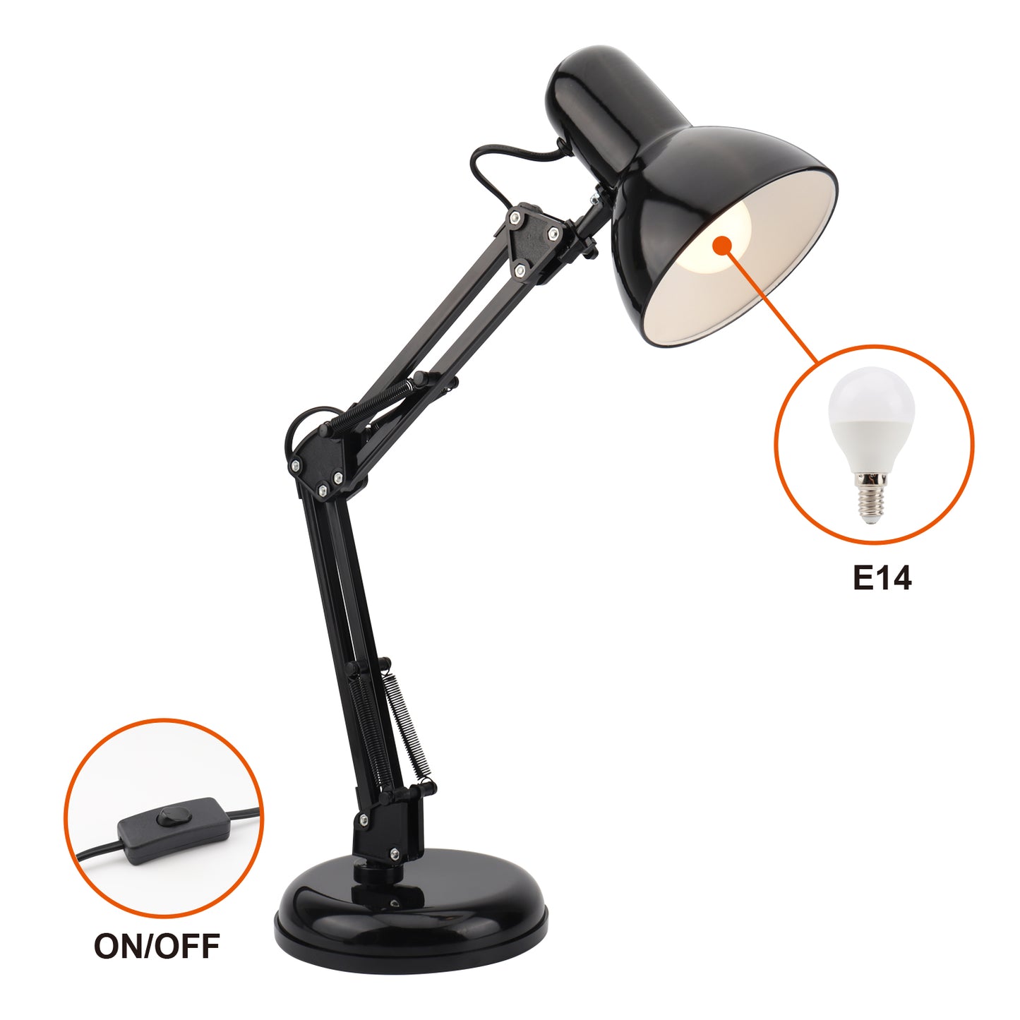 DA LIGHT Retro Tischlampe mit Gelenkarm aus Metall, 5.5W LED E14 inkl., Schreibtischlampe, Nachttischleuchte, Leselampe, Schwarz