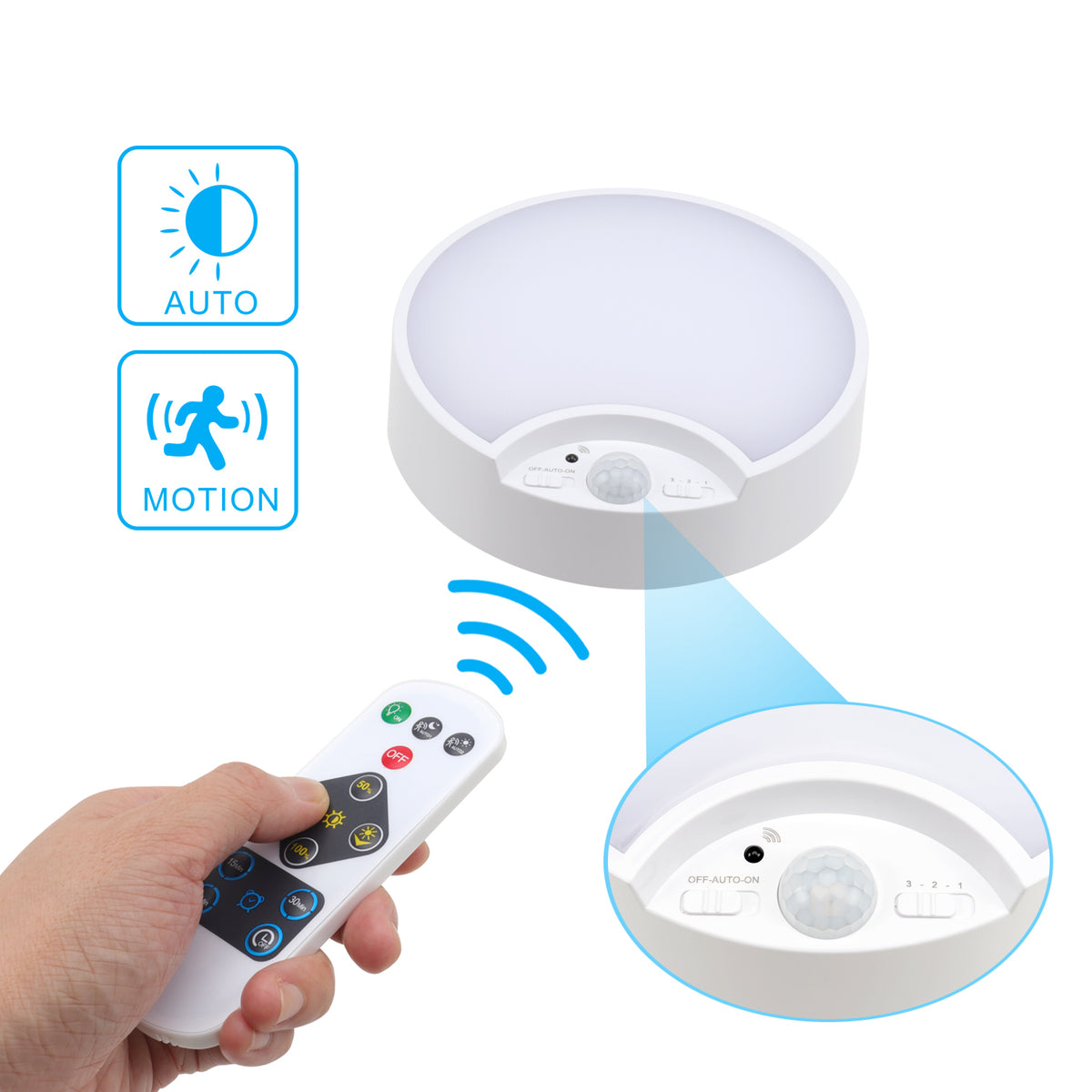 DA LIGHT Deckenleuchte mit Bewegungsmelder Batteriebetrieben LED Deckenlampe mit Fernbedienung für Innen/Außen 300LM Dimmbar 6500K Kaltweiß Fotozellensensor für Schrank Keller Balkon Korridor