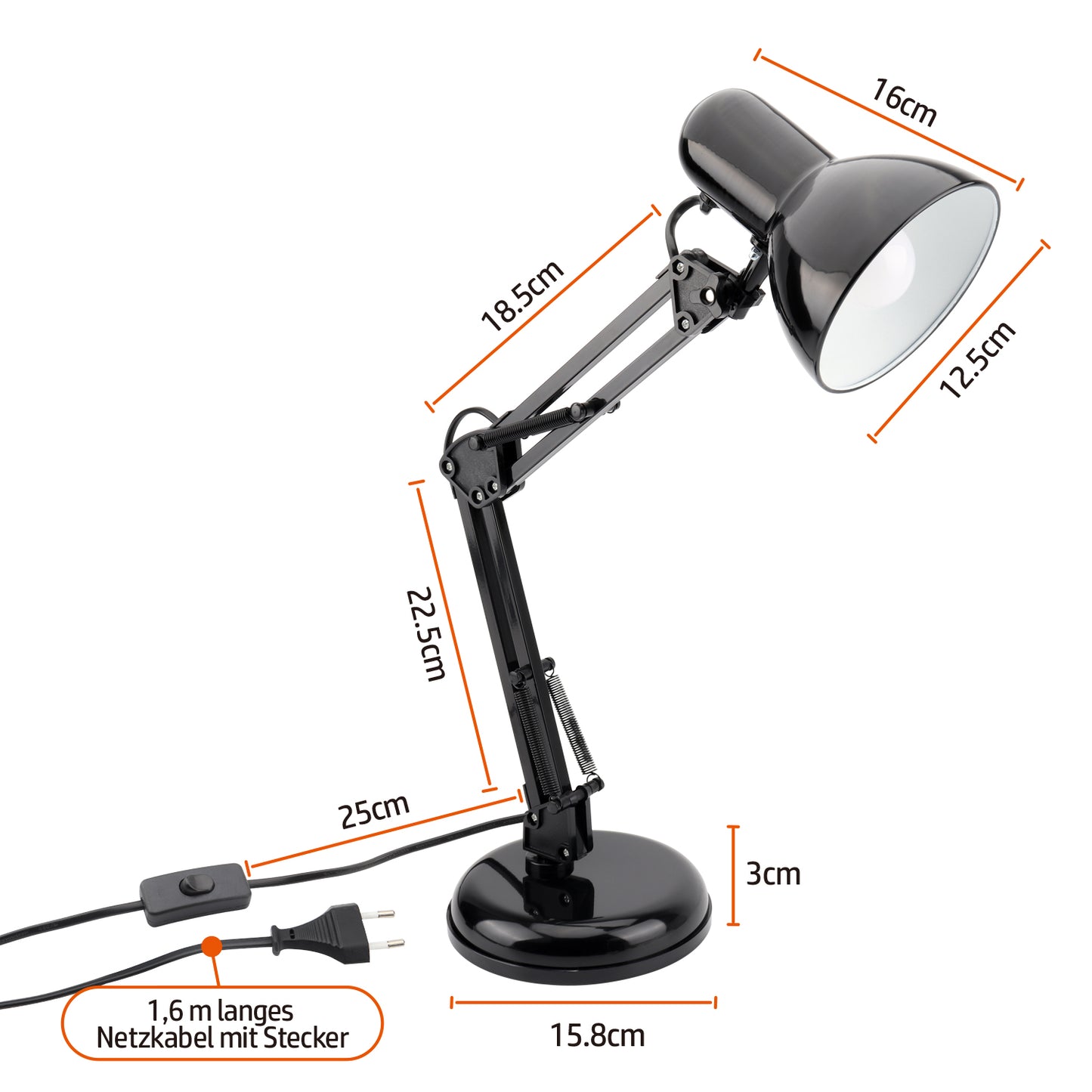DA LIGHT Retro Tischlampe mit Gelenkarm aus Metall, 5.5W LED E14 inkl., Schreibtischlampe, Nachttischleuchte, Leselampe, Schwarz
