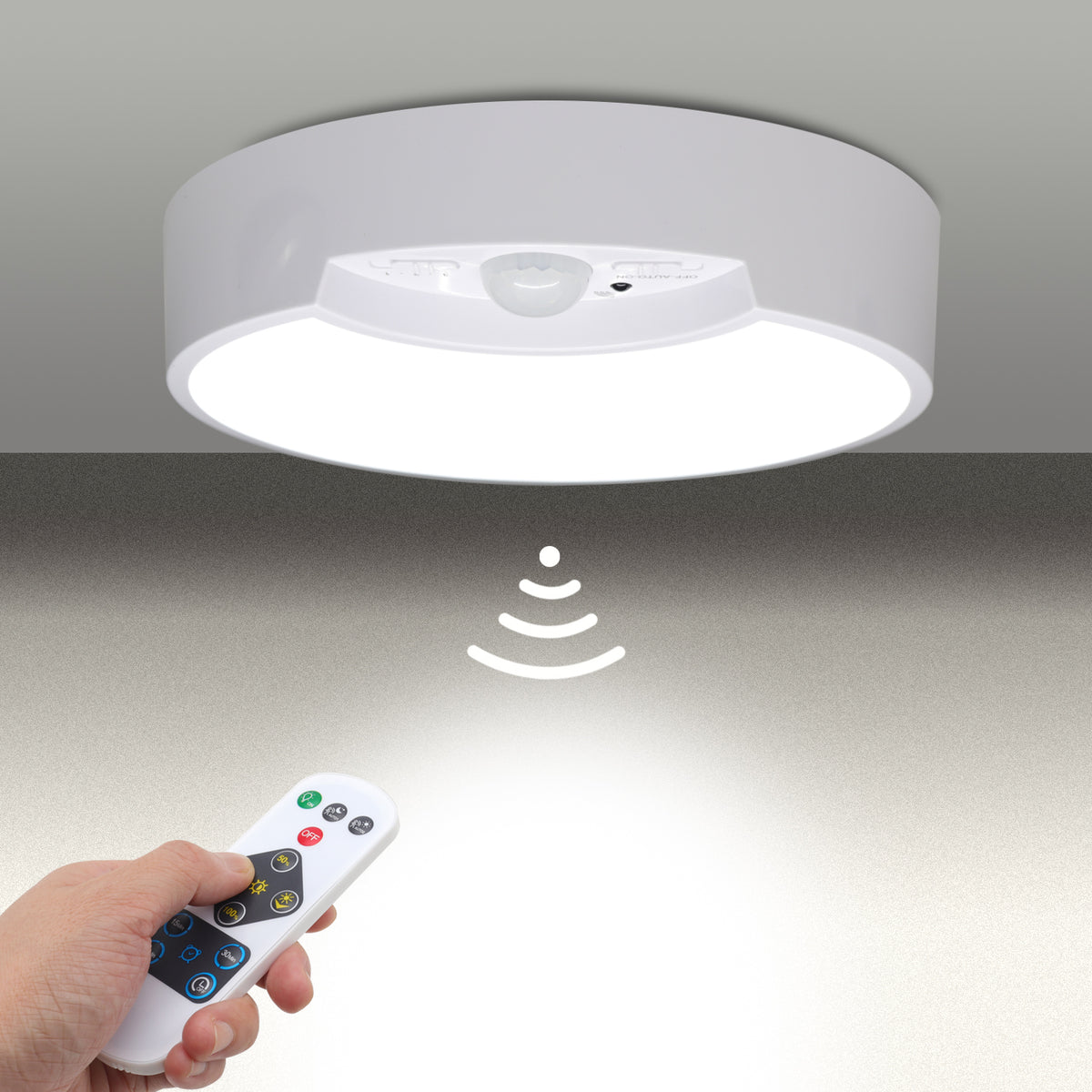 DA LIGHT Deckenleuchte mit Bewegungsmelder Batteriebetrieben LED Deckenlampe mit Fernbedienung für Innen/Außen 300LM Dimmbar 6500K Kaltweiß Fotozellensensor für Schrank Keller Balkon Korridor