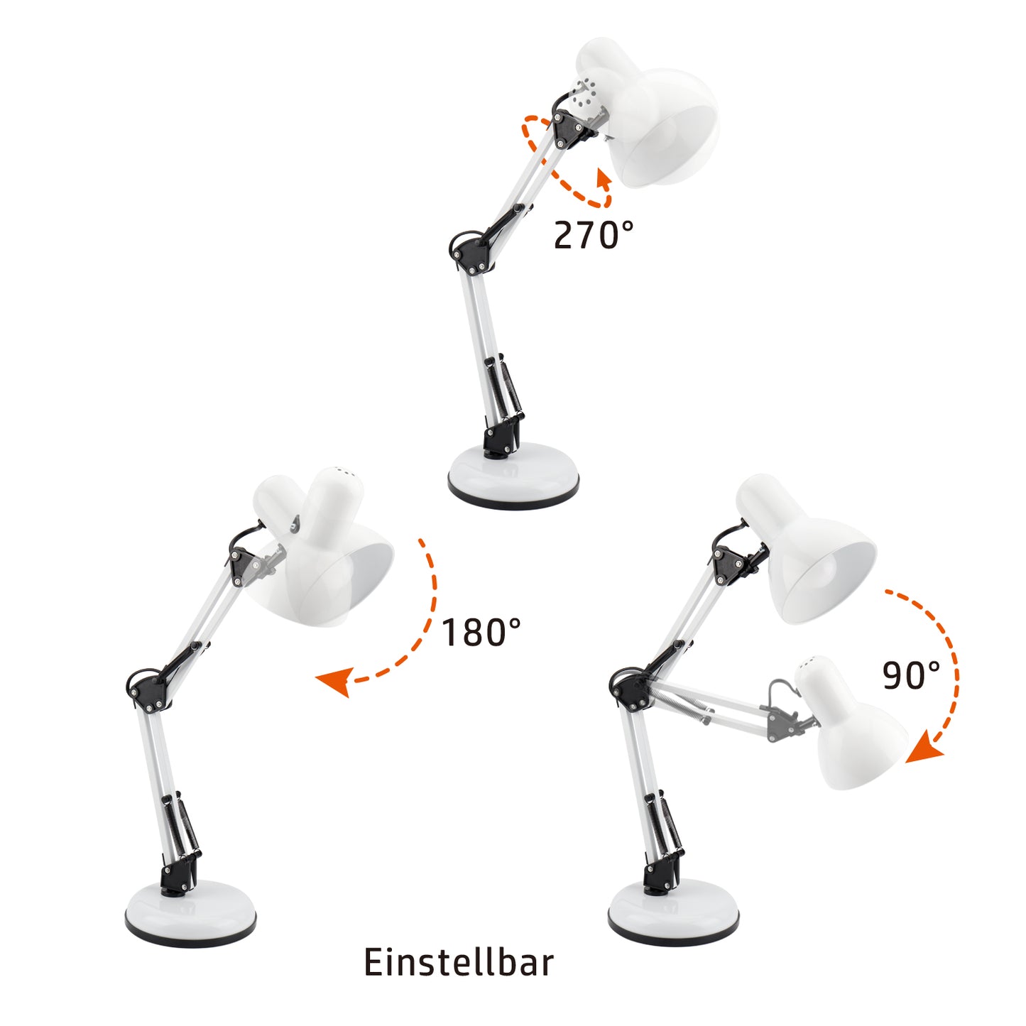 DA LIGHT Retro Tischlampe mit Gelenkarm aus Metall, 5.5W LED E14 inkl., Schreibtischlampe, Nachttischleuchte, Leselampe, Weiß