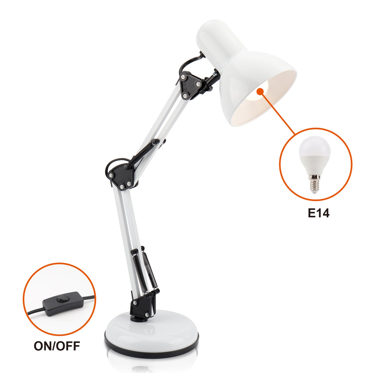 DA LIGHT Retro Tischlampe mit Gelenkarm aus Metall, 5.5W LED E14 inkl., Schreibtischlampe, Nachttischleuchte, Leselampe, Weiß