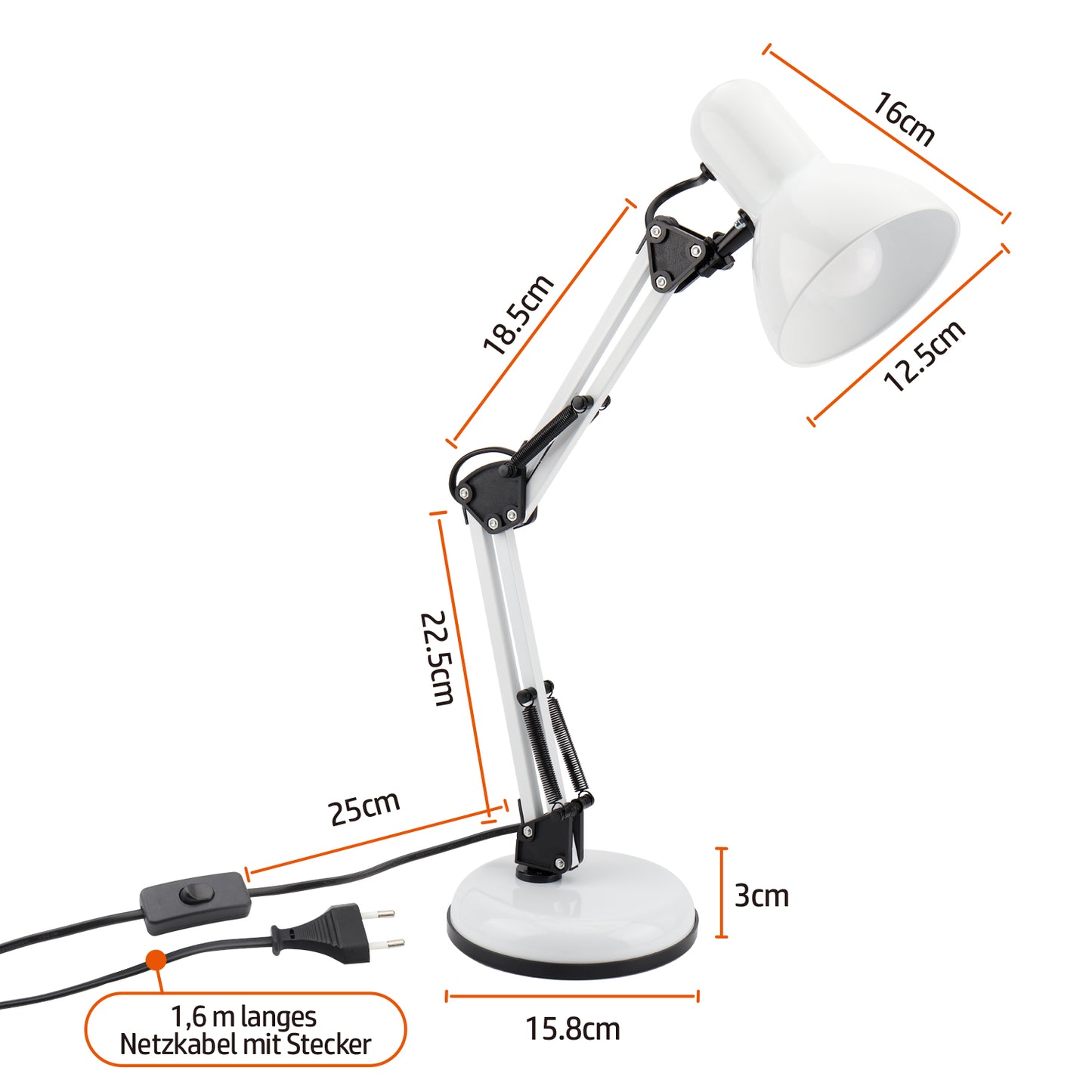 DA LIGHT Retro Tischlampe mit Gelenkarm aus Metall, 5.5W LED E14 inkl., Schreibtischlampe, Nachttischleuchte, Leselampe, Weiß
